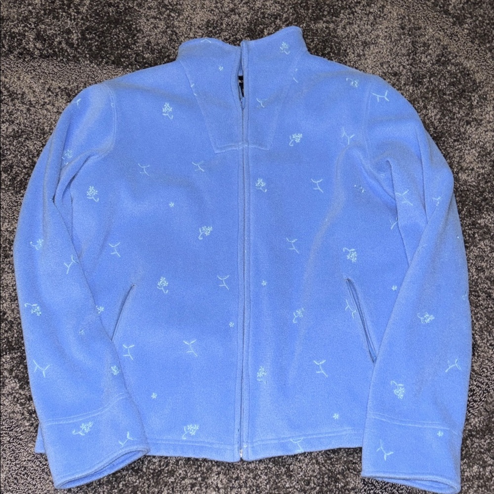 Denim&Co size XL Soft Blue floral Fleece Jacket 2 pockets EUC